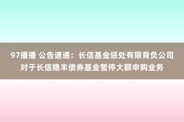 97播播 公告速递：长信基金惩处有限背负公司对于长信稳丰债券基金暂停大额申购业务